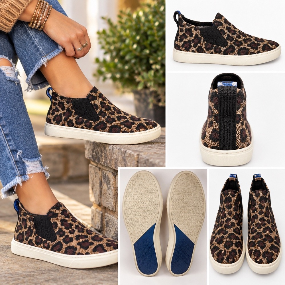Rothys The Chelsea Wildcat Leopard Print Knit Slip On Sneakers Womens 10.5
